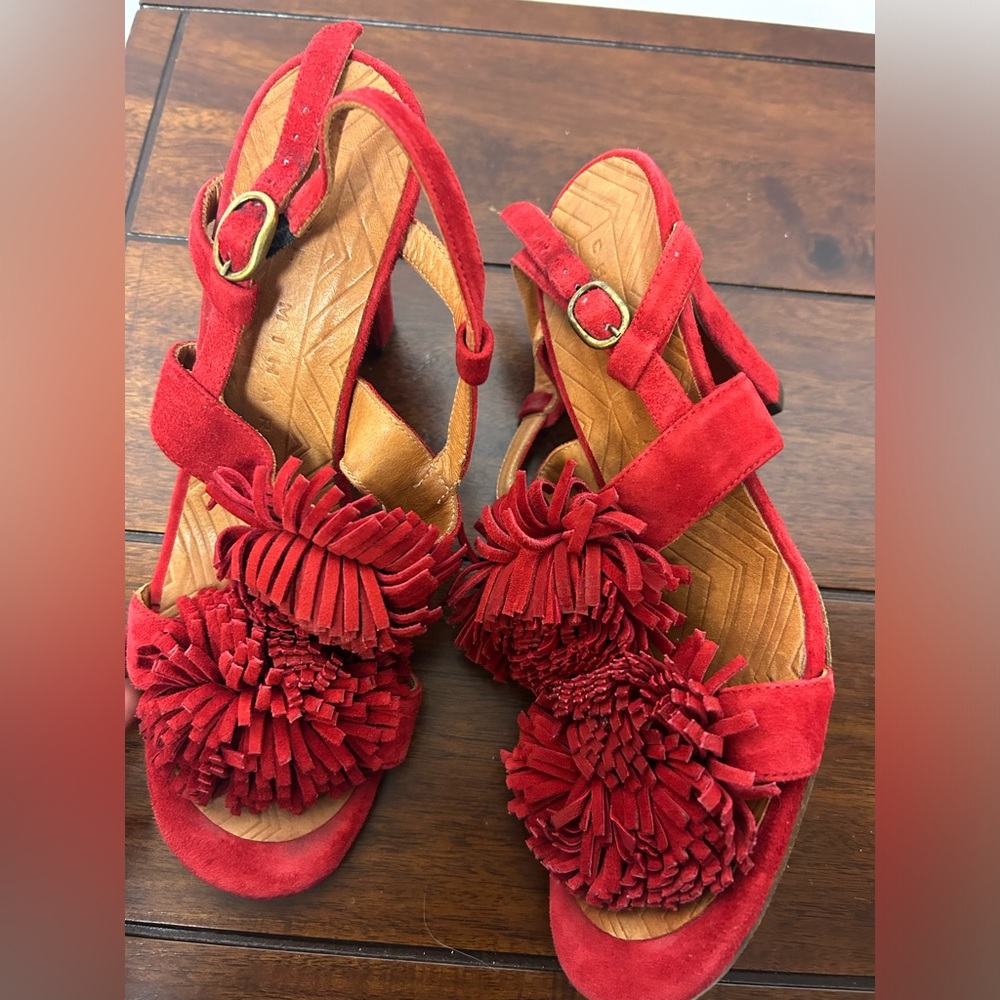 CHIE MIHARA MADE IN SPAIN RED POM POM HEELS SUEDE LEATHER STRAPS SANDALS 38 - Picture 2 of 9